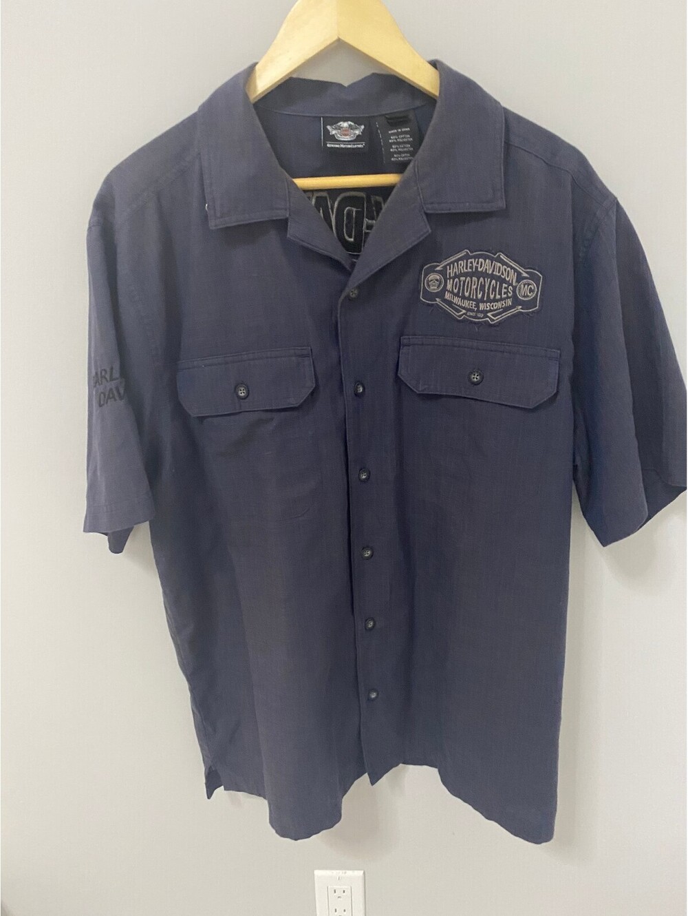 Harley-Davidson Men's Short Sleeve Button-Up Shirt Large Navy Blue